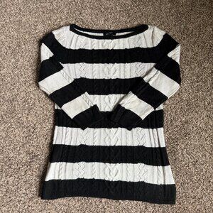 WHBM Glitter Striped Boatneck Fitted Cable Knit Sweater, Sz S, Black/White